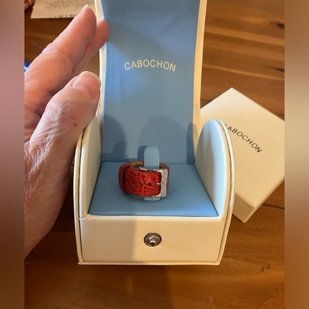 Cabochon alligator strap diamond cuff ring. Original box.